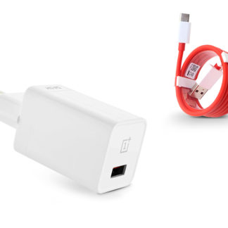 OnePlus gyári USB hálózati gyorstöltő adapter + Type-C adatkábel - 5V/4A - Dash Charge DC050430B white + D301 red (ECO csomagolás)