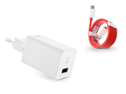 OnePlus gyári USB hálózati gyorstöltő adapter + Type-C adatkábel - 5V/4A - Dash Charge DC050430B white + D301 red (ECO csomagolás)