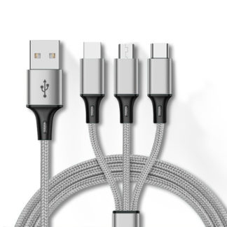 Szövetborítású 3 in 1 - Lightning USB Type C Micro USB 1.2 méteres szürke