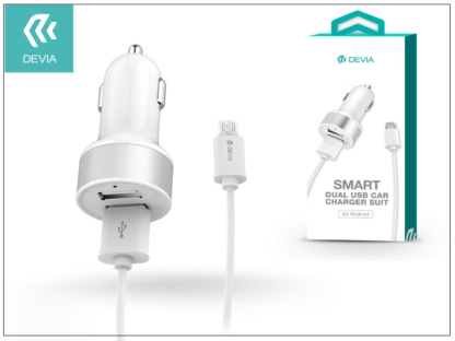 Univerzális Dual USB szivargyújtó töltő adapter + micro USB adatkábel 1 m-es vezetékkel - 5V/2,4A - Devia Smart Dual USB Car - white