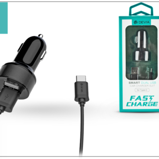 Devia Dual szivargyújtós töltő adapter + USB Type-C kábel 1 m-es vezetékkel - Devia Smart Dual USB Fast Charge for Type-C - 5V/2,4A - black