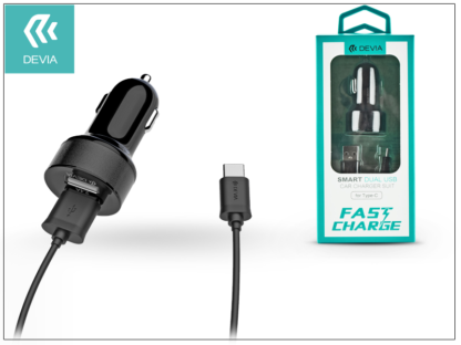 Devia Dual szivargyújtós töltő adapter + USB Type-C kábel 1 m-es vezetékkel - Devia Smart Dual USB Fast Charge for Type-C - 5V/2,4A - black