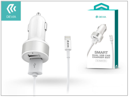 Apple iPhone 5/5S/5C/SE/iPad 4/iPad Mini szivargyújtós töltő adapter + lightning adatkábel - 5V/2,4A - Devia Smart Dual Car - white