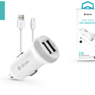 Devia Dual USB szivargyújtó töltő adapter + Type-C adatkábel 1 m-es vezetékkel - 5V/3,1A - Devia Smart Series Car Charger Suit - white