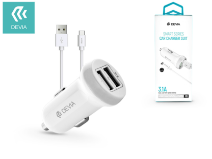 Devia Dual USB szivargyújtó töltő adapter + Type-C adatkábel 1 m-es vezetékkel - 5V/3,1A - Devia Smart Series Car Charger Suit - white