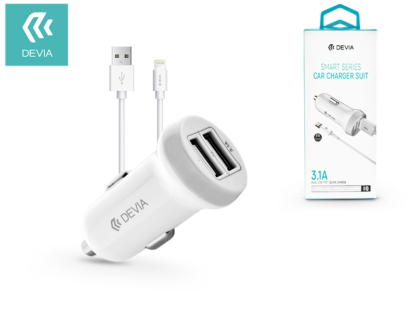 Apple iPhone 5/5S/5C/SE/iPad 4/iPad Mini szivargyújtós töltő adapter + lightning adatkábel - 5V/3,1A - Devia Smart Series Dual Car Ch- white