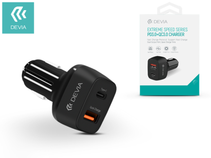 Devia szivargyújtós töltő adapter USB + Type-C bem- 5V/3A - Devia Extreme Speed Series PD3.0 + QC3.0 - Qualcomm Quick Charge 3.0 - black